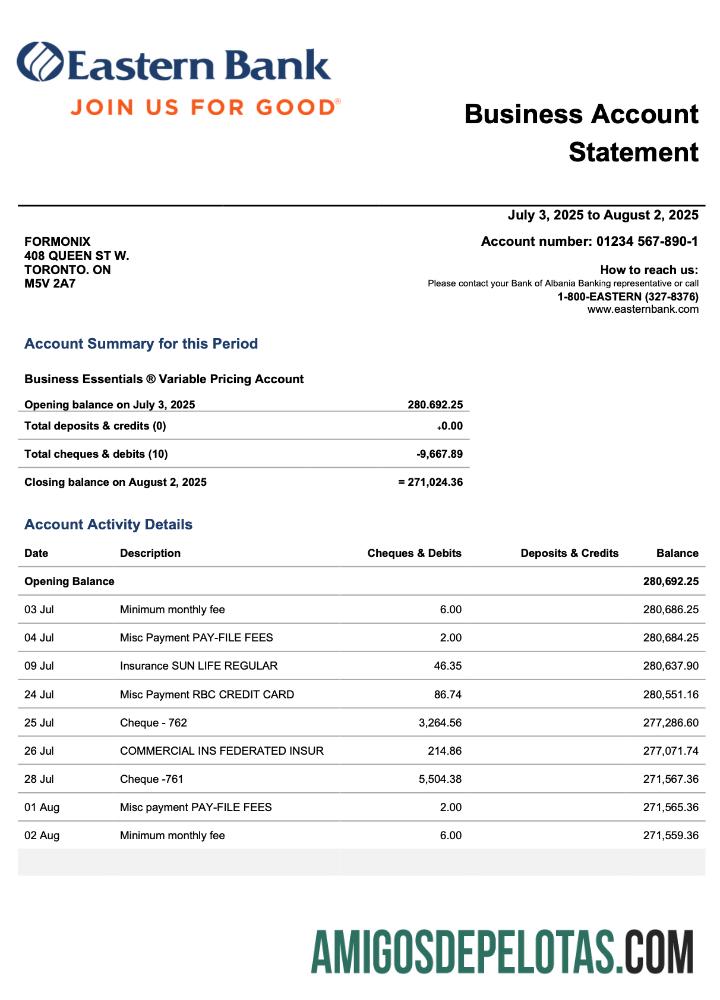 Em branco Extrato de conta corrente da USA Eastern Company Modelo Word e PDF